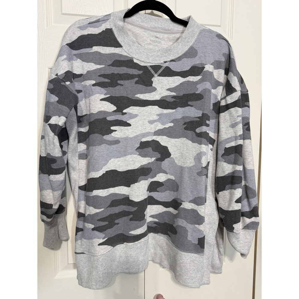 Aerie Womens Gray Camo Crewneck‎ Sweatshirt Split Hem Sz Medium